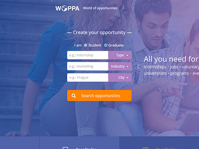 Homepage WOPPA blue bootstrap career filter homepage opportunity orange purple redesign search student