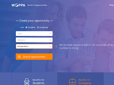 Homepage WOPPA - edit activity blue graduate internship job opportunity orange redesign student university violet web