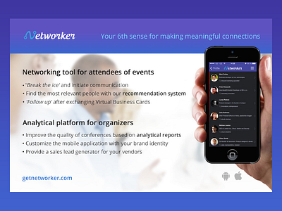 Onepager for Networker analytics app blue connection events ios mobile networking people platform relevant violet