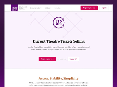 API portal homepage api developer disrupt homepage london pink portal purple register theatre