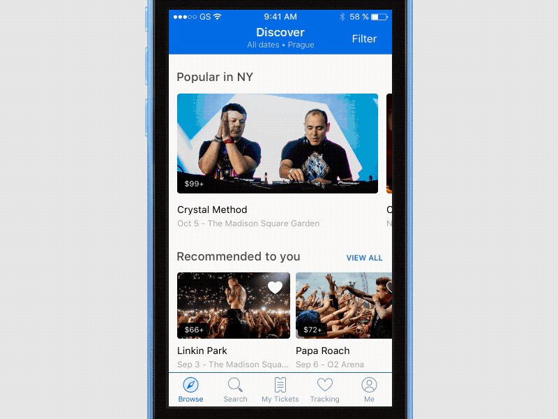 SeatGeek homescreen redesign app discovery events framer framerjs gif mobile prototype tickets