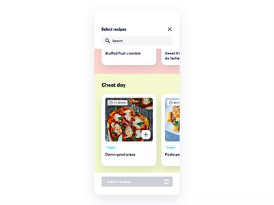 SmartWithFood Recipe Selection animation app branding cards collection cookbook design food healthy interaction animation meal plan modal motion recipes ui