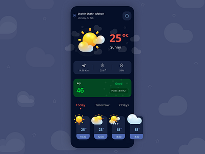 Katrina air android app application aqi cloudy dark design figma forecast graphic design rain snow sunny temperature ui ux weather weather app xd