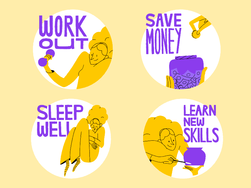 New Year's resolutions! 📝 2d animation 2d character adobe charactedesign character animation exercise illustration save save money sleep well sleeping work out