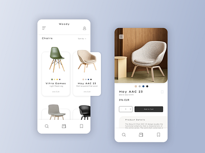 Furniture Online Shop app app design buttons cards clean detail filter furniture hamburger icon menu navigation plain product product design shop simple typo ui uxui