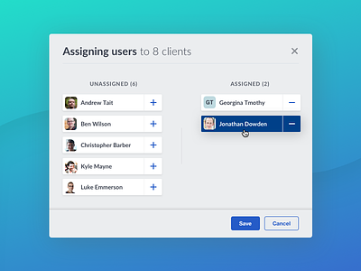 Assigning Users adding adjustment assigning cards dialog hover modal removing
