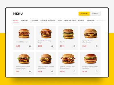 McDonald's Redesign (Menu) clean concept design ecommerce food mcdonalds menu page minimal modern red redesign responsive restaurant store ui ux web web design website yellow