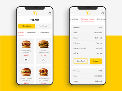 McDonald's Redesign (Menu and Purchase History) adaptive app clean concept design ecommerce food mcdonalds menu minimal mobile modern redesign responsive restaurant shop ui ux web design website