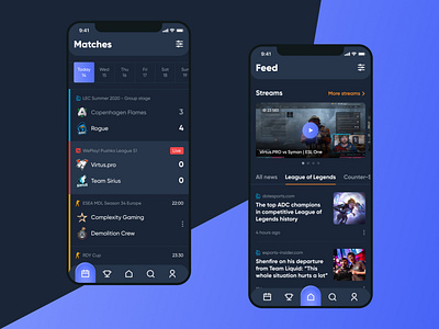 Esportsium App UX/UI (Matches and Feed) app application clean concept cyber cybersport dark design esports feed game gaming matches minimal mobile mobile app design modern sport ui ux