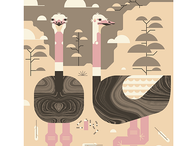 Ostriches on Guard bird brown crickets design geometric grass hills illustration landscape legs ostrich pink texture trees