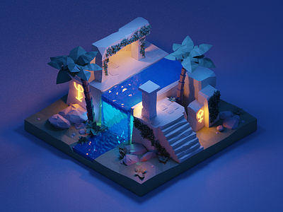 Polygon Runway Ruins Tutorial 3d blender building glyph illustration isometric landscape light palm palm tree ruin steps stone water waterfall