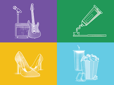 Mystery Project heels icons illustration movie popcorn products rock rocknroll shapes texture toothpaste vector