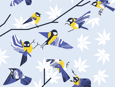 Finches sparring in Winter animal bird blue character design fight fly illustration illustrator texture vector winter yellow