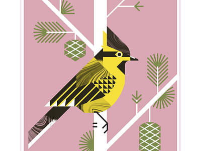 Black Lored Tit animal audubon aviary bird design flight fly geometric illustration pinecone pink texture vector yellow