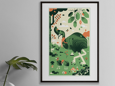 Cassowary with his chicks bird cassowary character chicks design geometric illustration jungle landscape texture vector