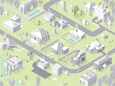 Isometric Small Town buidings city design grass grid illustration isometric trees vector village