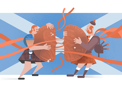 Myth of the Scottish Thrift (2nd version) blue flag illustration infographic kilt orange penny scotland scottish tug o war vector wrestle