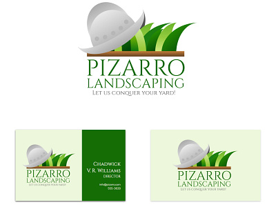 Pizarro Landscaping logo and business card business card grass helmet lawn logo