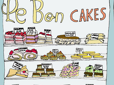 Le Bon Cakes colourful food illustration line drawing typography