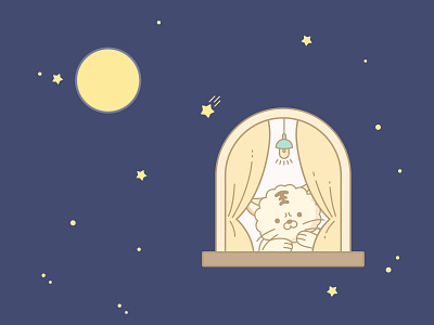 A cute cat character looks at the night sky. 2d branding flat illustration logo