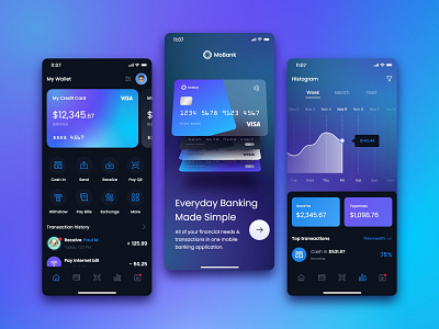 Mobile Banking App - Dark Theme adobe xd app assets bank banking components finance investment ios kit mobile money prototype templates ui ux wireframe