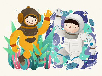 Explorers astronaut astronauta buzo deep sea diver diver illustration illustrator plants sea space