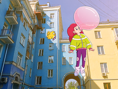Girl in Krasnoyarsk baby bird cartoon character characterdesign chewing gum girl house illustration kids teenage teenager yard