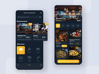 Restaurant app app dark design devices find restaurants food food and drink food app icon interface ios restaurant restaurant app sketch ui ux yellows