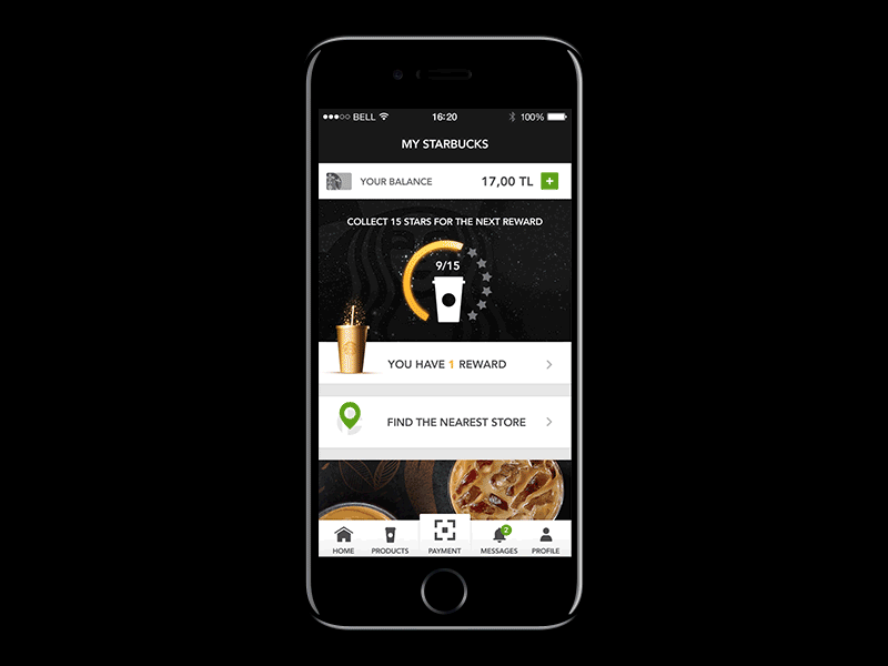 Starbucks App Redesign animation black coffee gold ios mobile principle redesign rewards shopping starbucks ui