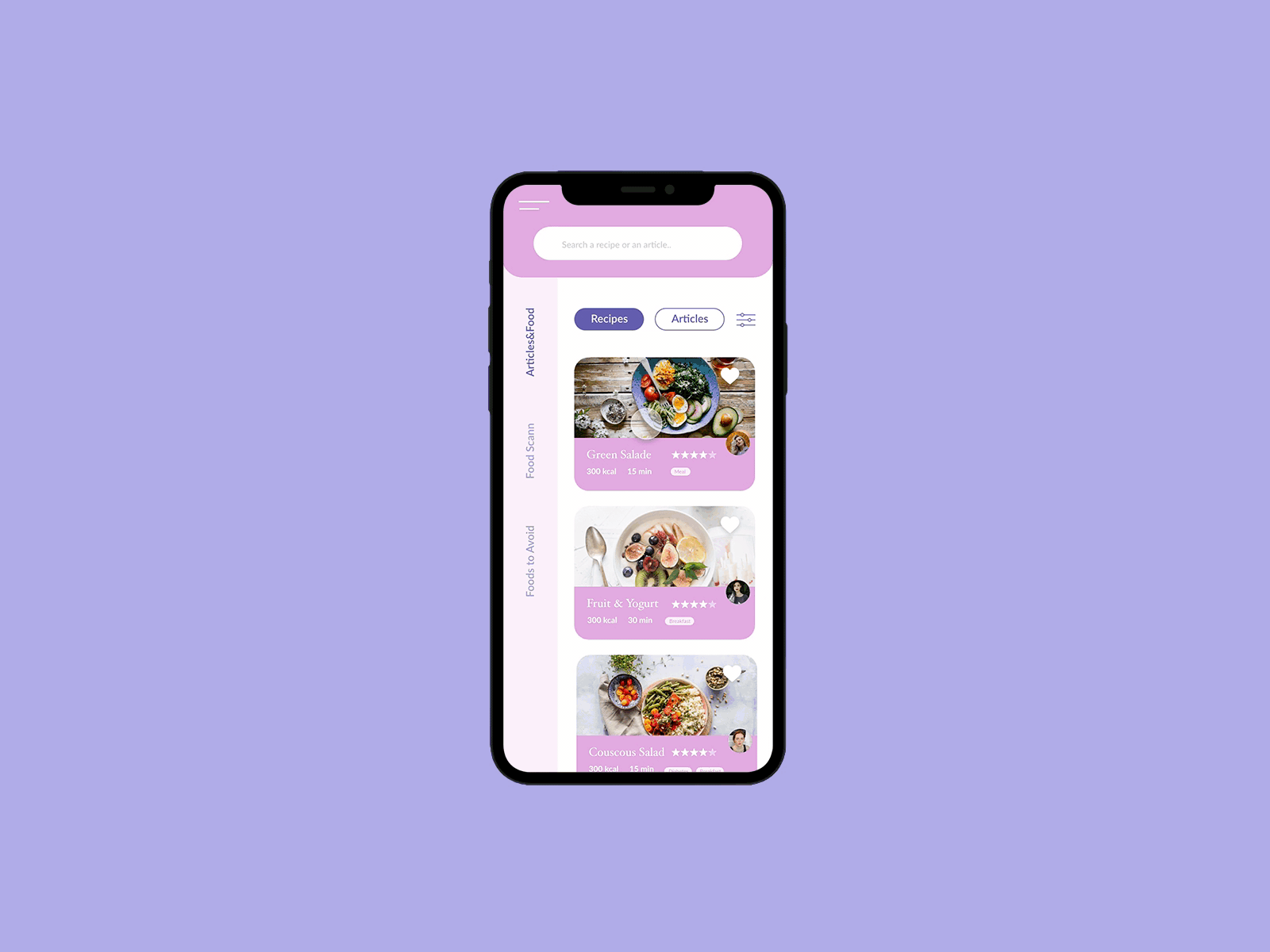 Pregnant App Concept - Recipes - Food Filter adobe xd app clean design filter food foodfilter gif graphic design iphone minimalist pink pregnant purple recipes ui