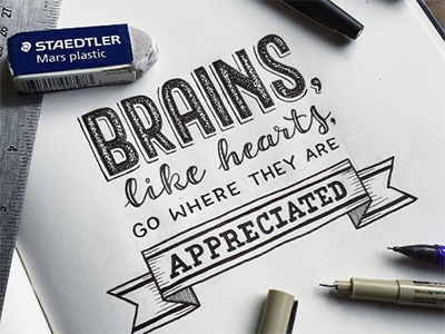 Quote about positive workplace vibes brain handlettering hearts lettering pen ribbon typography