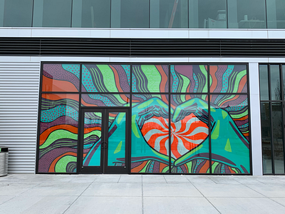 Heart Hands Window Mural doors green hands heart illustration mural pattern patterns psychedelic store front stripes teal window