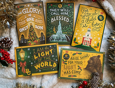 Baylor University Christmas Cards bible bible lettering campus christmas christmas card christmas tree college holly illustration lamppost lettering monoline snowflake