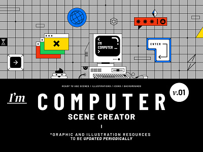 I'm Computer Scene Creator 90s background color computer digital error icon illustration internet keyboard popup scene creator secret social media technology typography vector