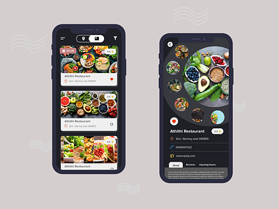 Restaurant listing and description screens app app design description design favorites food food app mobile app mobile design modern ui restaurant restaurant app restaurant description reviews ui