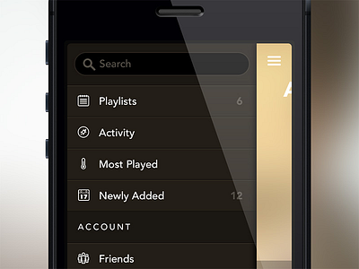 Music App app brown dark drawer gold ios iphone menu music yellow