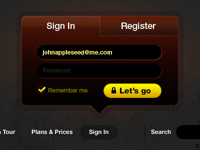 Menu + Sign In + Register brown lets go menu navigation register remember sign in
