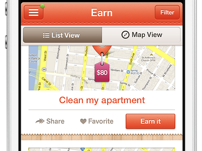 Earn List View list map orange pin tabs view