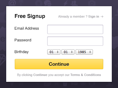 Free Signup! button form free register signup yellow