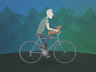 Man this dog on bicycle bicycle dog flat forest fun illustration man shadow