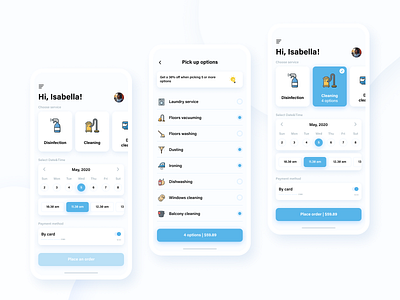 Home service App • Concept iPhone X android app blue branding covid19 design desinfection figma flat home home service home services illustration ios sketch typography ui ux web white