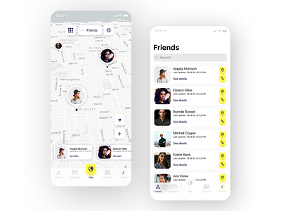 Mappy (Geolocation App) • Find your friends on a map app branding design flat friends friends list ios map maps type typography ui vector
