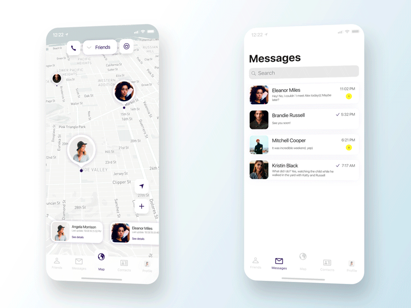 Mappy (Geolocation App) • Find your friends on a map #2 animation animation after effects app app design application design figma flat friends friends list ios ios app map typography ui ux vector