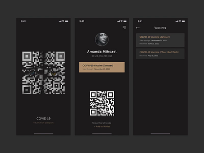 Vaccination passport (COVID-19) app dark ui design minimal