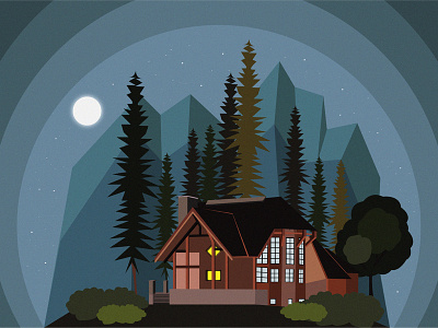 Woodhouse in the moonlight forest house illustration moonlight night pine tree vector wacom intuos wood