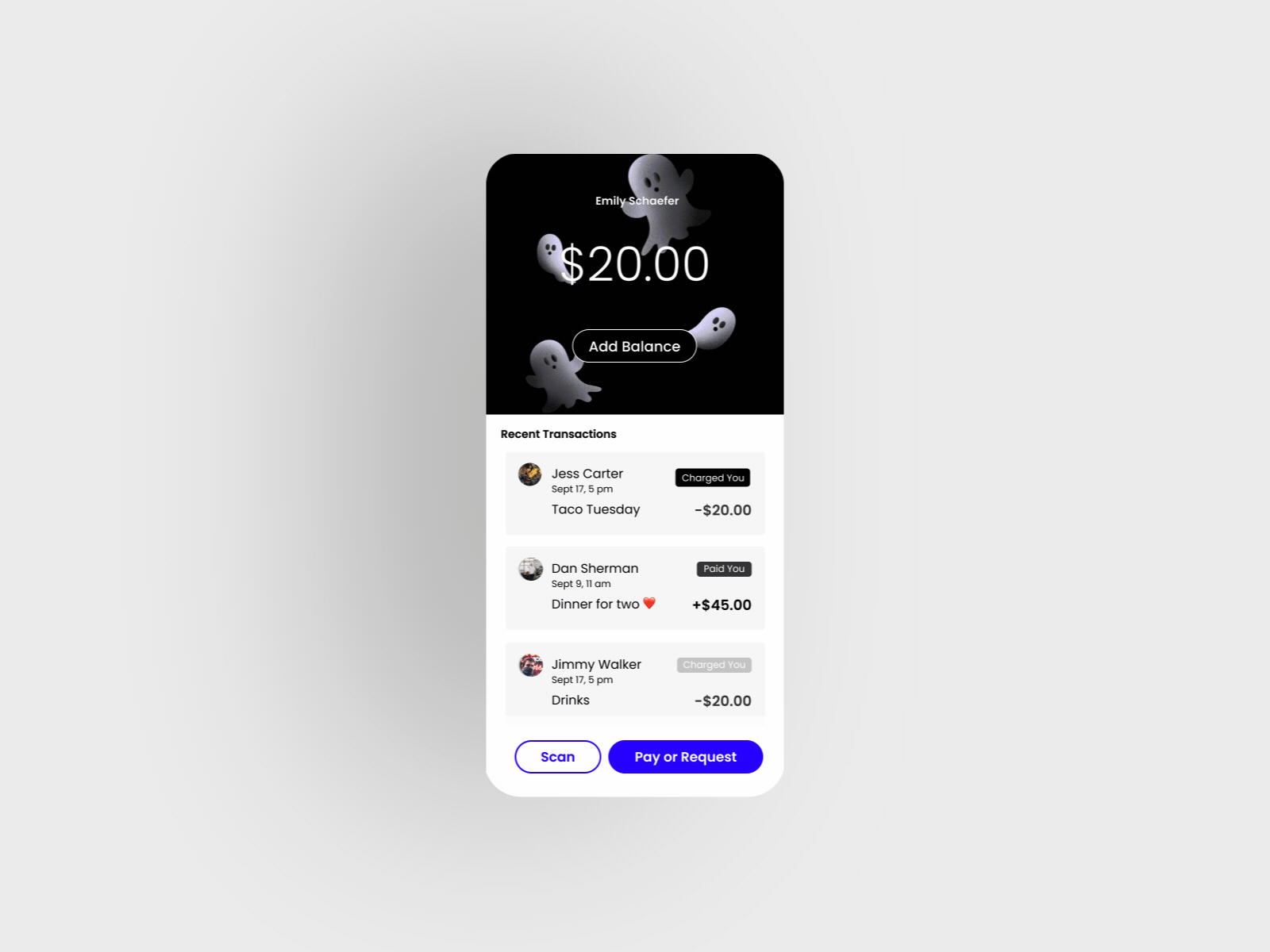 Spooky App 👻 after effects animation bank prototype banking design fintec halloween illustration mentorship modal pay pay friend payment prototype send money social spooky success ui venmo