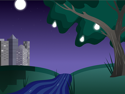 City and tree in Night Sky cityscape illustration night river tree