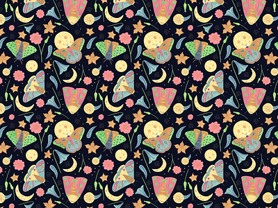 Moths at Midnight Pattern adobe photoshop coloured pencil design garden gouache illustration moon moths nature pattern design surface pattern design