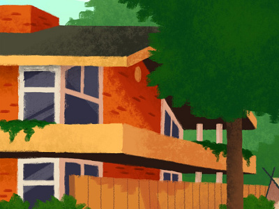 Mod Suburb architecture brick fence home house illustration ipad procreate trees windows