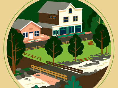 Jamestown Flood Poster architecture bridge creek disaster fundraiser illustration merc park town town hall trees